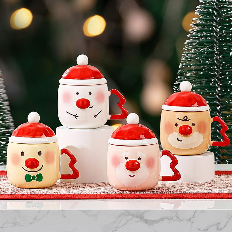Креативная рождественская кружка с изображением смайлика, стакан для воды с крышкой, ложка, рождественский подарок, сувенир, кофейная чашка, рождественская керамическая чашка