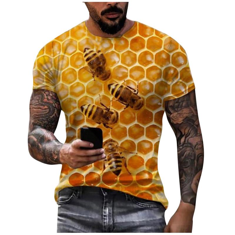 Summer Round Neck Honey Bee 3D Print Top Fashionable Casual Short Sleeved Men's T-shirts