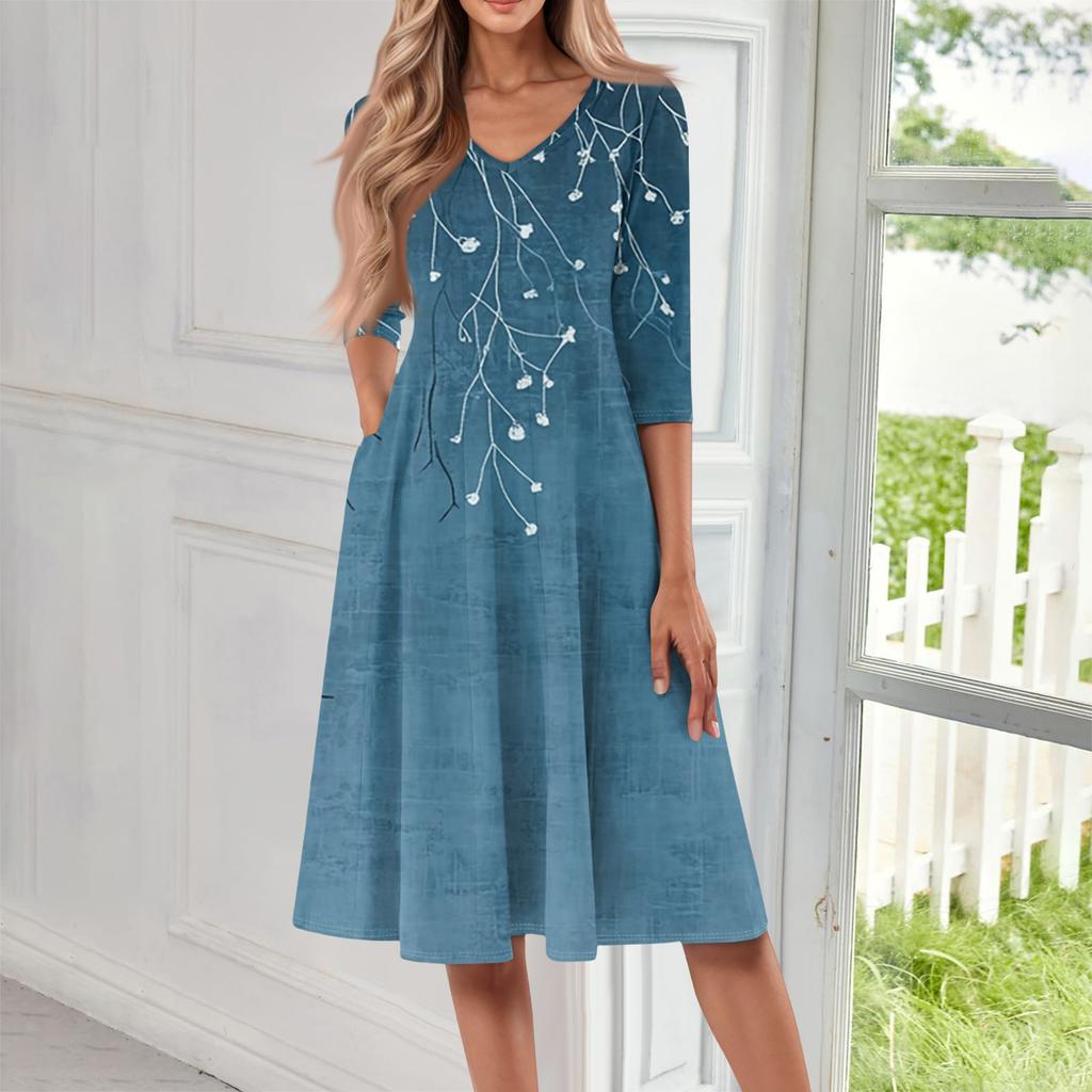 Женское повседневное модное платье миди с V-образным вырезом и рукавом три четверти