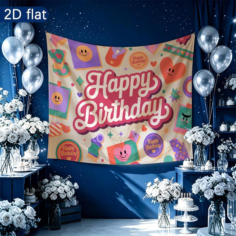 Balloons and Cake Backdrop for Birthday Party, Polyester Banner for Wall Decor & Photo Background