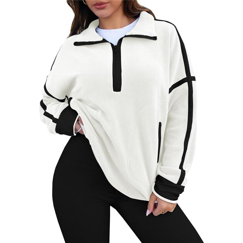 Women's Color Block Striped Half Zip Polo Sweatshirt Loose Long Sleeve Casual Pullover Top