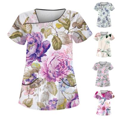 Женская повседневная рабочая одежда с короткими рукавами и принтом, топ с двойным карманом