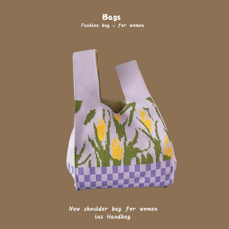 Ins Trendy Handbag Женская вязаная шерстяная сумка-ведро Ручная переноска Повседневная сумка-тоут Коробка для ланча