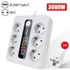 Overload Protection 3000W Extension Socket USB Type C EU Plug With Safety Switch Power Strip Space Saving 2M Cable