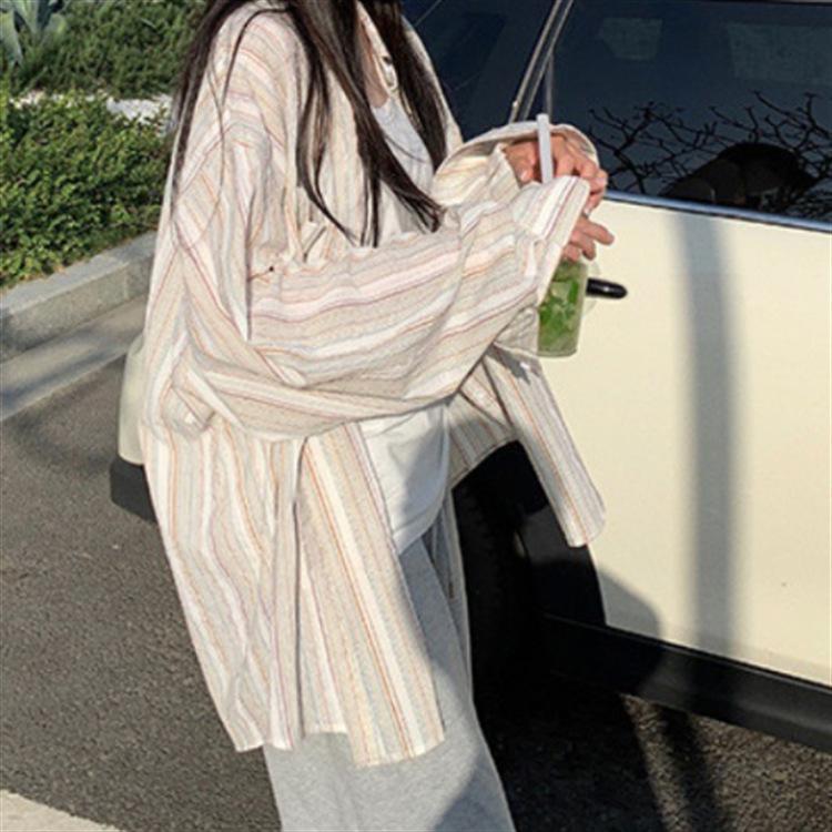 Рубашка в розовую полоску, женская рубашка Lazy Wind, свободная, с длинными рукавами, солнцезащитная блузка, куртка, тонкие модели, винтажная, базовая, офисная, повседневная женская рубашка