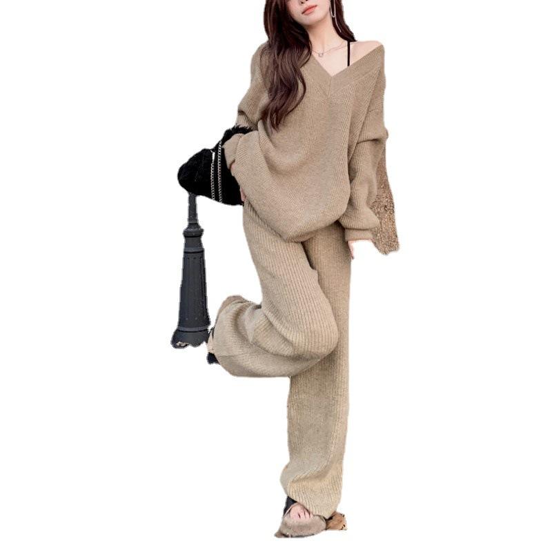 Женский облегающий вязаный костюм с напуском на весну и осень, свободный свитер с v-образным вырезом + широкие брюки с высокой талией, комплект из двух предметов