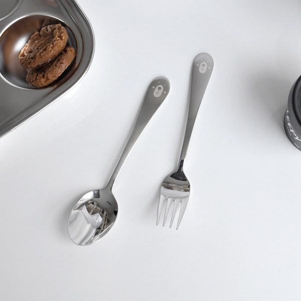 Kitchen Oil Bear Stainless Steel Spoon Fork Set, 2p Spoons + 2p Forks, Korean Popular Tableware
