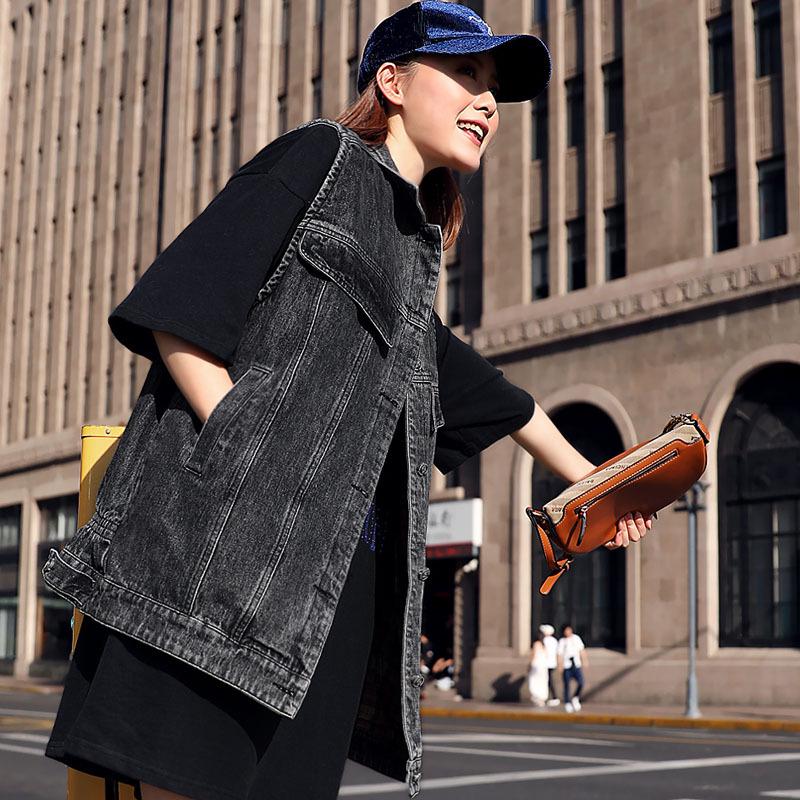 Весенне-осенний новый корейский модный женский джинсовый жилет средней длины, тонкий топ без рукавов