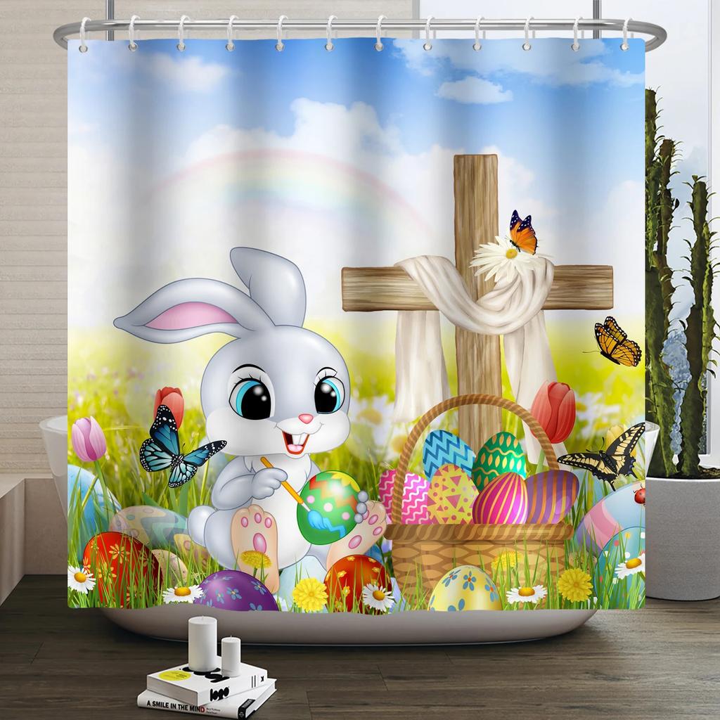Весенняя Пасхальная Занавеска для душа Счастливый Кролик Кролик Яйца Цветочный Сад Цветочный Праздничный Водонепроницаемая Занавеска для душа для ванной комнаты с крючками