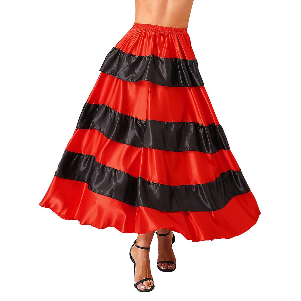 Womens Flamenco Dance Skirt Tiered Ruffles Wide Hemline Ballroom Dancing Skirt Carnival Stage Performance Costume