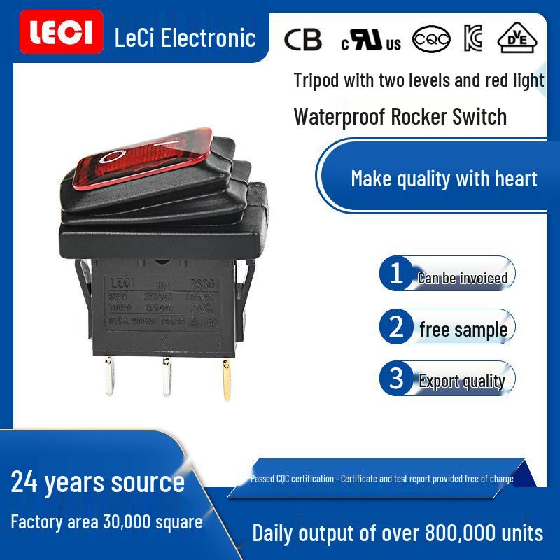 LECI Waterproof 3-Pin Red Rocker Switch, 2 Positions, 6A 250V with High-Power Light