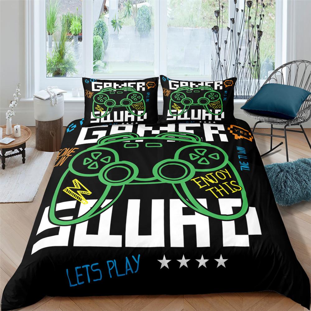 Gamer Duvet Cover Set 3D Print Boys Playroom Black Button With Controller King Queen Size For Boys Teens Polyester Bedding Set
