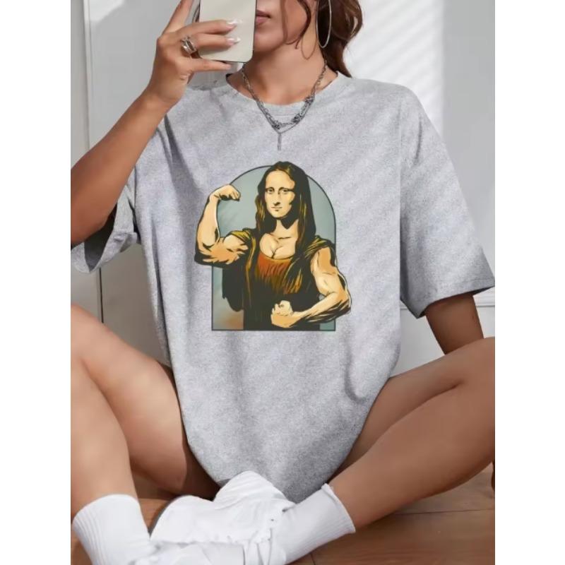 Playing Pranks on Mona Lisa Fitness Print Womens T Shirt Casual TShirt Casual Short Sleeve Loose Tshirt Women Clothes
