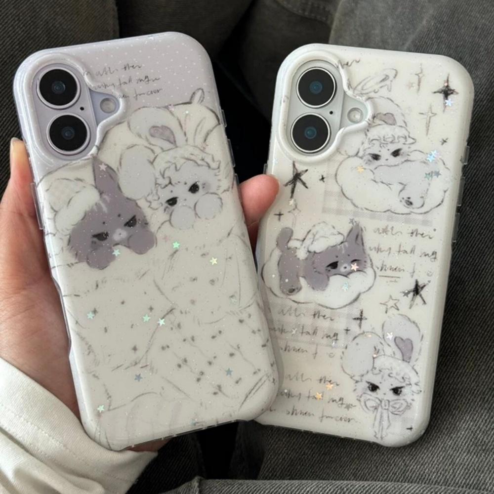 Новый мультяшный милый древний стиль серый кот белый кролик iPhone17promax двухслойный IMDiPhone16ProMax закругленный край подушка безопасности 14Pr все включено