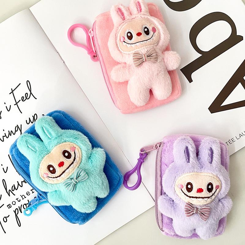 Cartoon Labubu Plush Coin Purse Cute Anime Money Change Pouch Earphone Storage Bag Zipper Wallet Keychain Pendant Kid Gifts