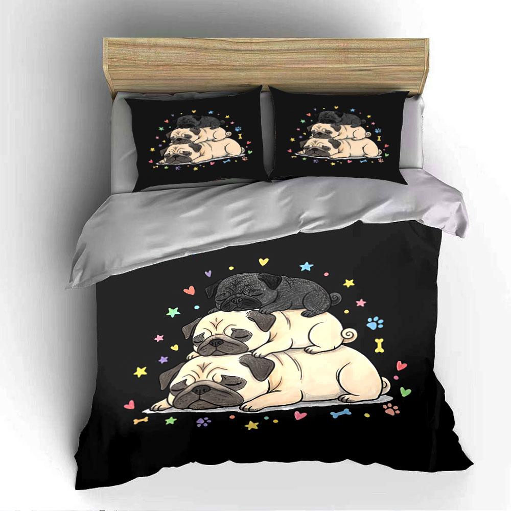 Pug Trio with Hearts & Stars Bedding Duvet Cover Set Duvet Cover Pillowcases (1*Duvet Cover 2*Pillowcases, without duvet insert)