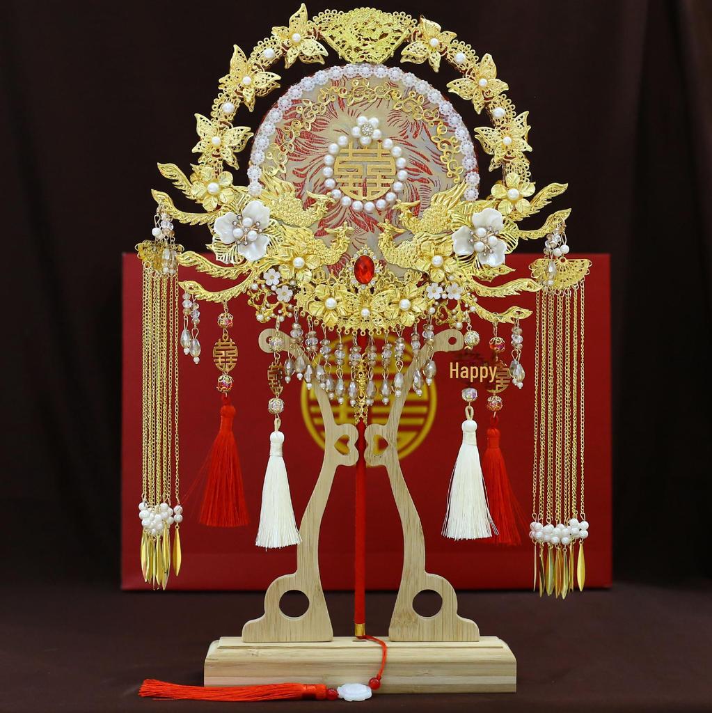 Красный кружевной свадебный круглый веер для одежды Xiuhe с двухсторонней маской своими руками - китайский стиль (9255)