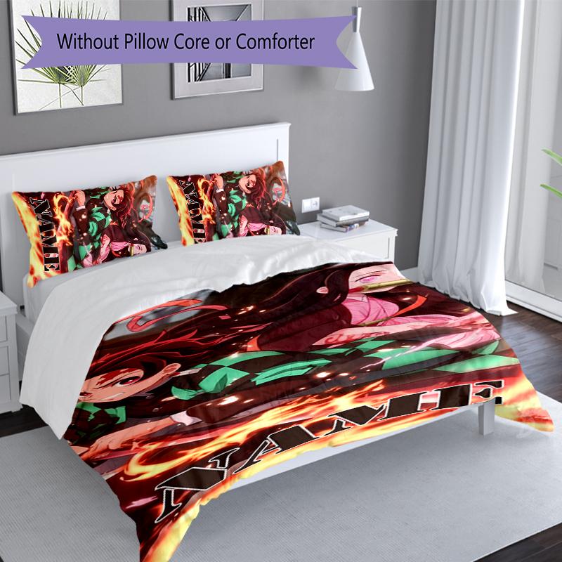 3pcs Custom Name Demon Slayer Tanjiro Kamado Set,Includes 1 Duvet Cover and 2 Pillowcases,All-season Bedroom Decor