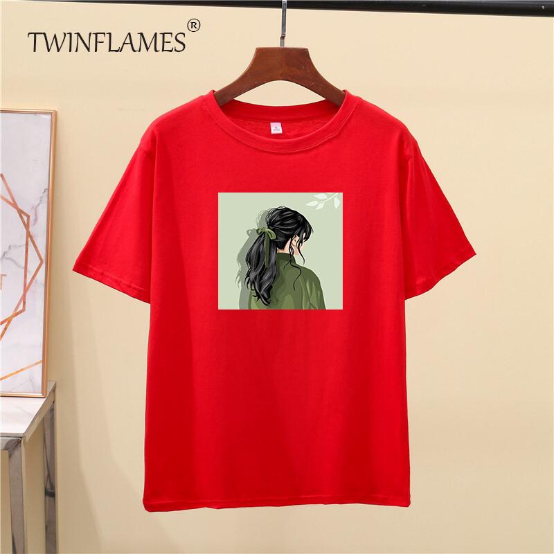 Printed Short Sleeve T-shirt Women Loose Cotton O-neck Tees Female Chic Aesthetic Graphic Pullover Tops