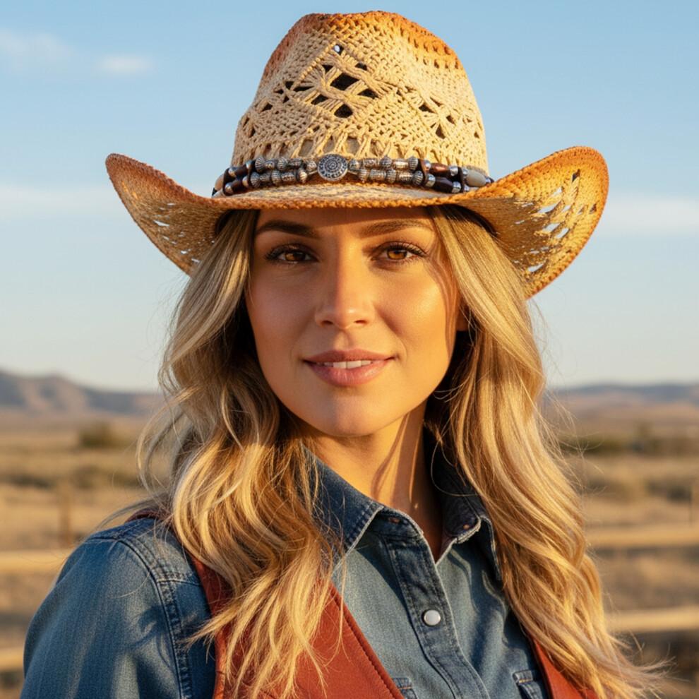 (L, Yellow) Cowgirl Hats for Women Men Outdoor Western Hat Wide Brim Straw Sun Hat with Beaded Ropes