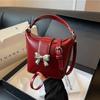 New Bow Metal Buckle Handbags Women's Fashion Sweet Girl Single Shoulder Crossbody Bags Elegant Red Bucket Bag