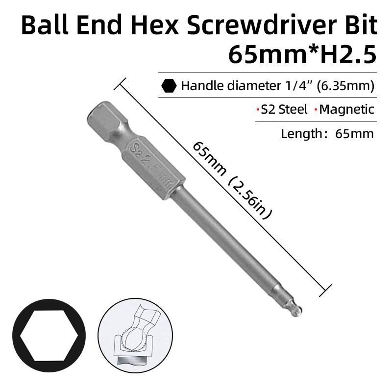 Набор шестигранных отверток с шаровым наконечником, шестигранный ключ, отвертка, сверло с хвостовиком 1/4 дюйма, магнитная сталь S2 65/100 мм, ручные ремонтные инструменты