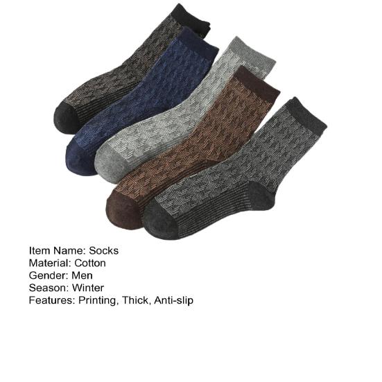 5 Pairs Men Winter Socks Mid-tube Thick Thermal Insulation Ethnic Style Home Bedroom Wear Floor Socks Colorblock Anti-slip Knitted Daily Wear Socks