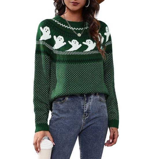 Женский осенне-зимний свитер с мультяшным призрачным принтом и длинным рукавом, с вырезом в стиле Хэллоуина, с круглым вырезом, вязаный толстый мягкий пуловер соответствующего цвета