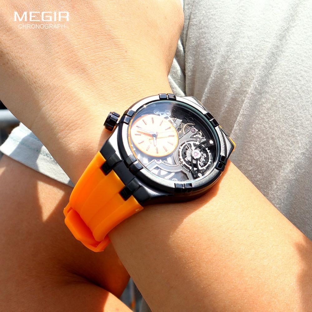 MEGIR Orange Sport Analog Watch for Men Fashion Waterproof Quartz Wristwatch with Luminous Hands Silicone Strap