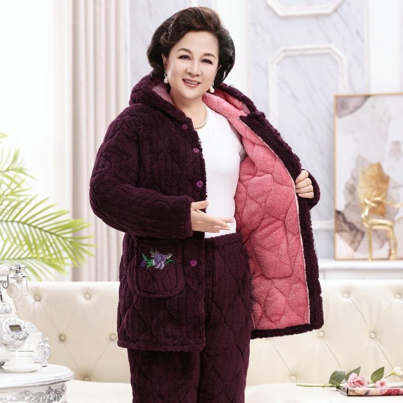 Зимняя стеганая пижама трехслойная утолщенная коралловый флис домашняя одежда женский комплект пижамы большого размера