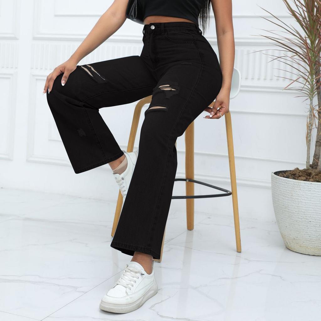 Jeans Women's Ripped Pocket Retro High Waisted Straight Leg Pants