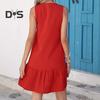 Летнее платье с V-образным вырезом без рукавов однобортное однотонное мини-платье однотонное свободное женское платье