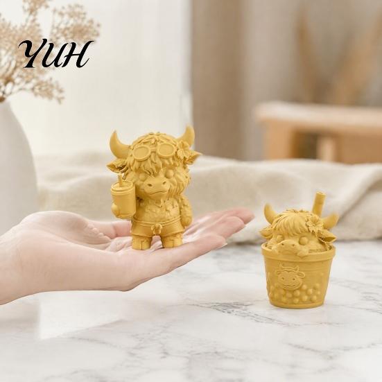 Healing Animal Statue Set 2Pcs Cute Highland Cow Figurine, 3D Printed Bubble Tea Statues, Creative Resin Like Model Summer Farmhouse Style Desktop