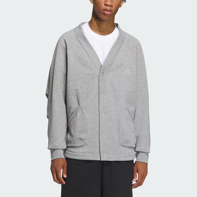 adidas Мужской вязаный кардиган средней плотности, цвет серо-меланжевый, с V-образным вырезом, умеренный, артикул IX6815