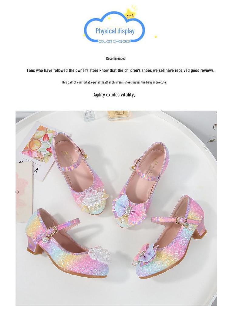 Туфли на каблуках из кожи с кристаллами для девочек — весенне-осенние туфли принцессы с мягкой подошвой для подиумов