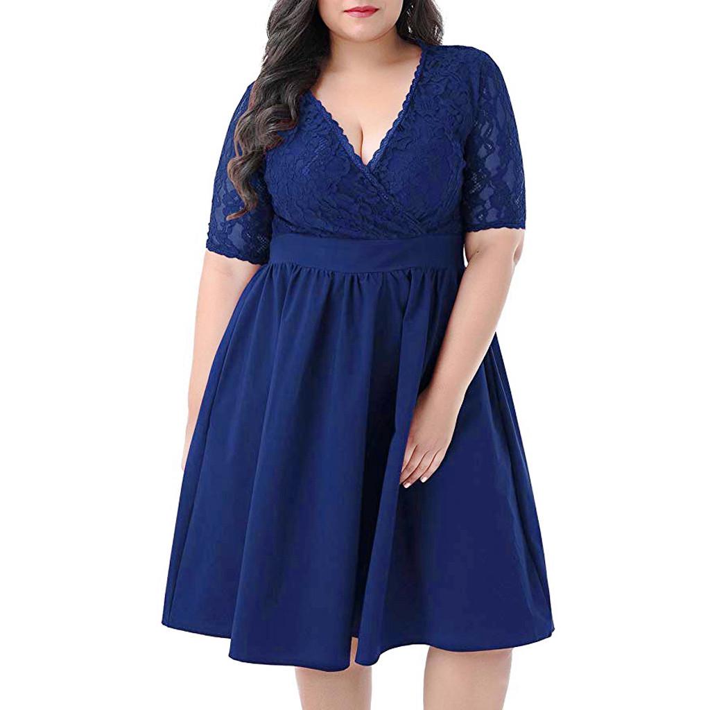 Women Plus Size V-neck Short Sleeve Sexy Lace Stitching Waist Evening Dress