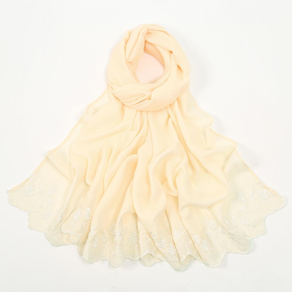 Solid Color Chiffon Embroidery Hijab - Ruffled Edge Long Scarf Islam Hijabs Women's Turbans Head Wrap Lightweight Scarf