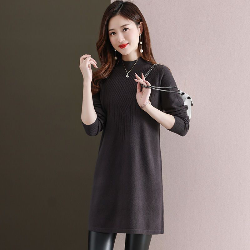 Turtleneck Knitted Dress for Women Loose Mid-length Sweater Dress Solid-color Casual Pullover Autumn and Winter
