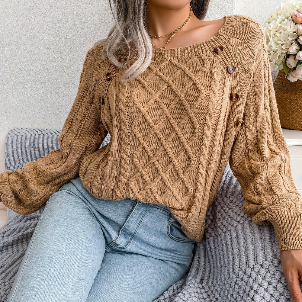GMXIA Women's Fashion Rhombus Print Casual Autumn Winter Long Sleeve Square Collar Loose Nail Button Twist Knit Pullover Sweater