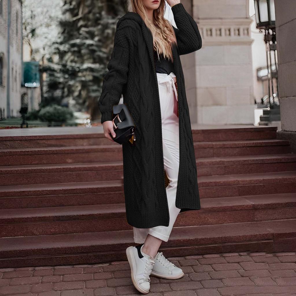 Women's Autumn And Winter Solid Color Loose Knit Sweater Mid-Length Hooded Jacket Sweater