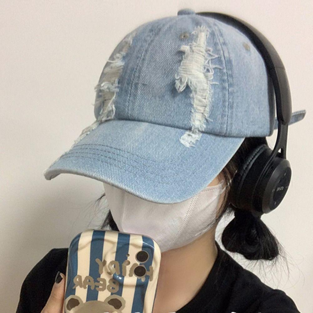 Sunscreen Hat Holed Baseball Cap Adjustable Sunshade Cap Casual Washed Denim Hats For Men