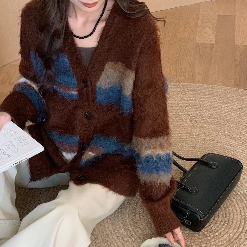 Полосатый вязаный свободный кардиган женский Harajuku Chic винтажные свитера универсальная осенне-зимняя трикотажная одежда с V-образным вырезом в корейском стиле