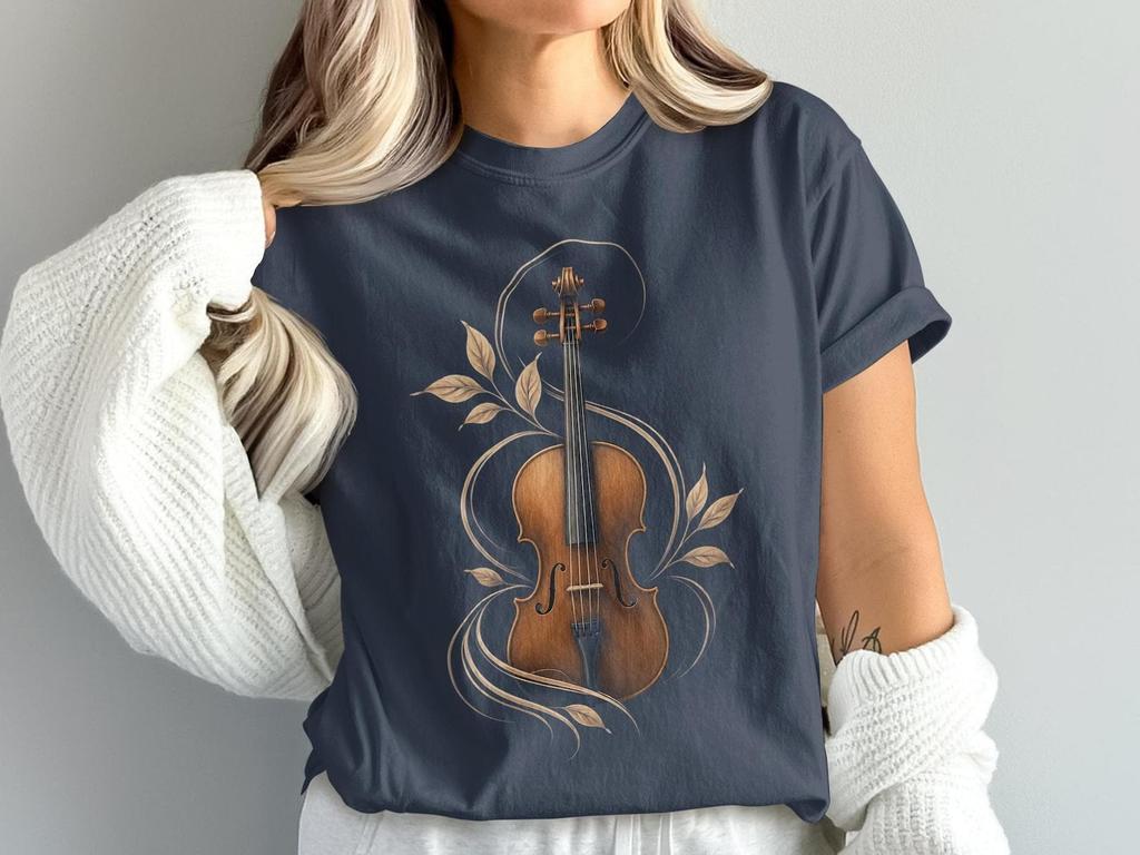 Violin T Shirt, Classical Music Faux Gold Leaves Graphic