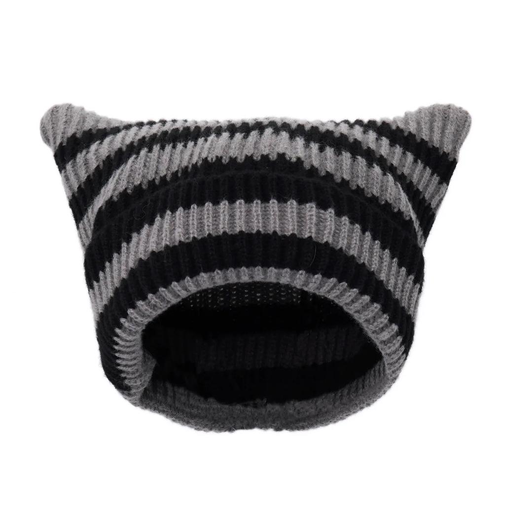 Японская милая шапка с кошачьими ушками в черно-белую полоску, шерстяная, женская, осенне-зимняя, теплая, шапка-бини, вязаная, с подвесным помпоном, маленького дьявола