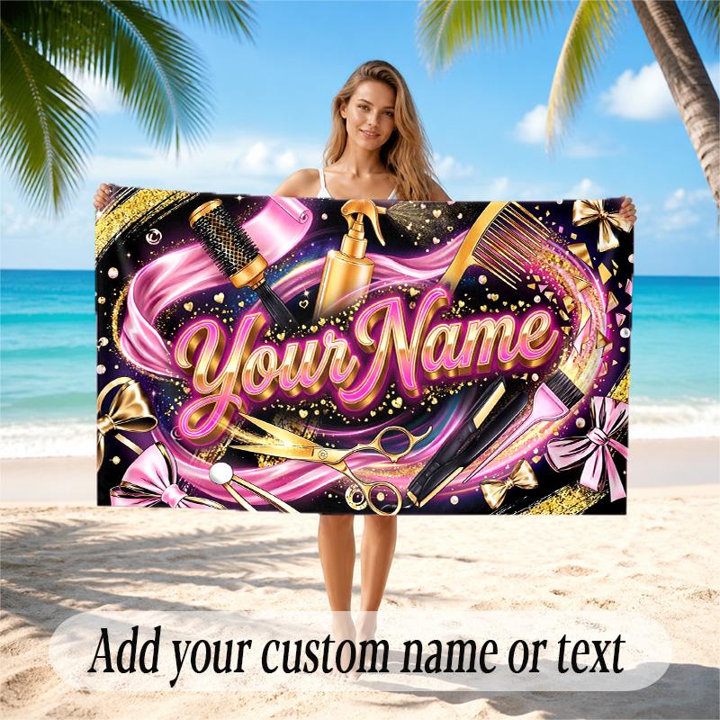 Barber Salon Theme Quick Dry Beach Towel Custom Name Text Print Large Sand Resistant Towel Beach Vacation