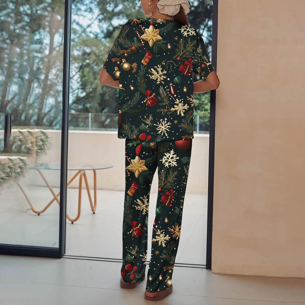 Женский шелковый атласный пижамный комплект с рождественским принтом, рубашка с коротким рукавом и длинные пижамные штаны, мягкая домашняя одежда
