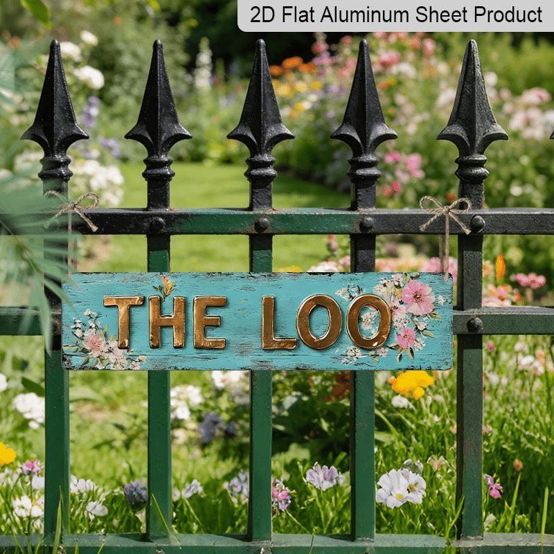 2D Flat - 1pc Rustic The Loo Aluminum Decorative Sign, 15.7×3.94 Inch Vintage Floral Wall Hanging Decor for Bathroom, Farmhouse, Restroom