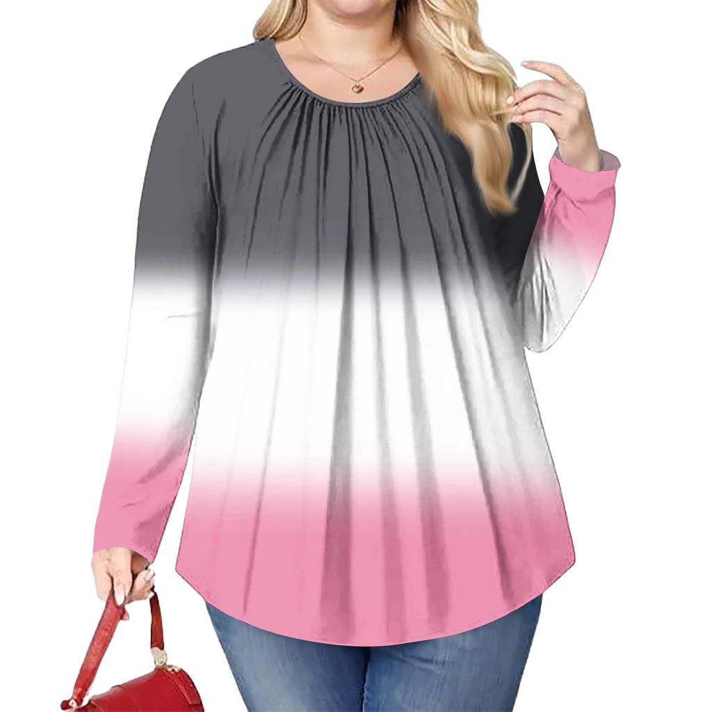 Женский модный топ большого размера с принтом, повседневный плиссированный, с круглым вырезом и длинными рукавами