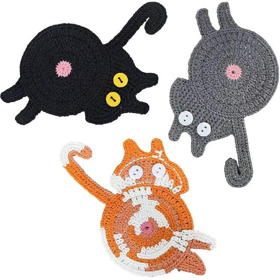 Cat Coffee Coasters Set of 3,Woven Cat Drink Mats, Funny Handmade Home Decorations Tabletop Protection