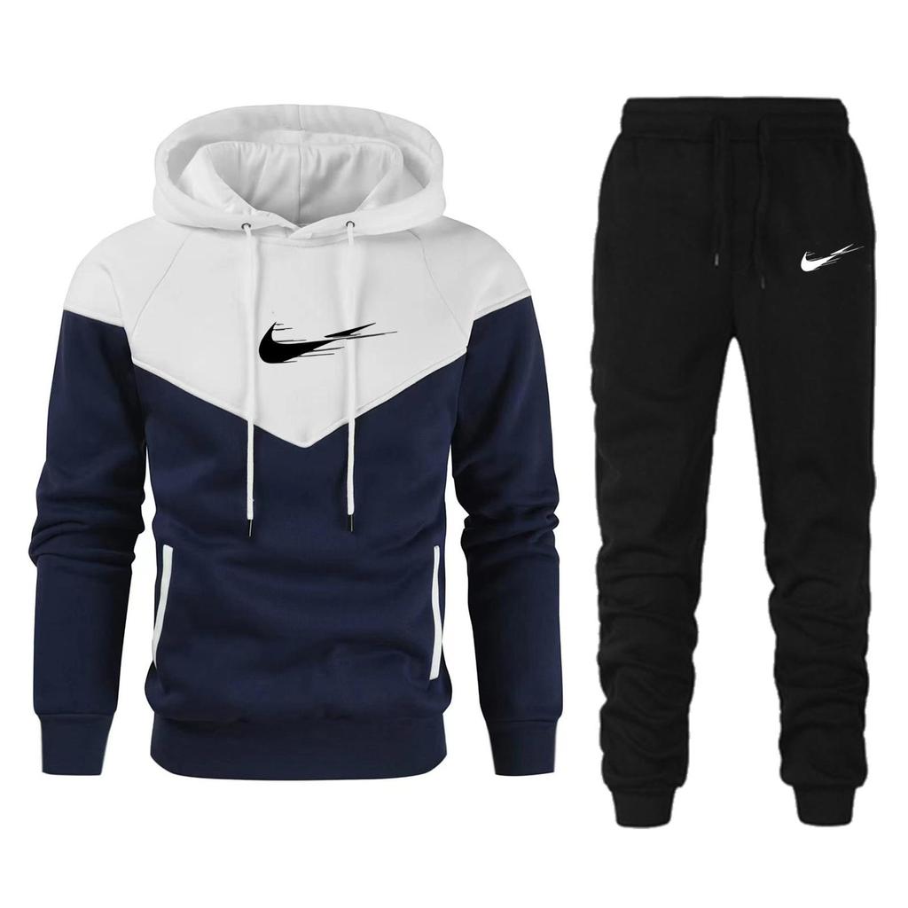 Yellow 2025 Autumn and Winter Men's Patchwork Hoodie Set, Warm and Luxurious Two-piece Set, High-quality Printed Pullover, Sportswear